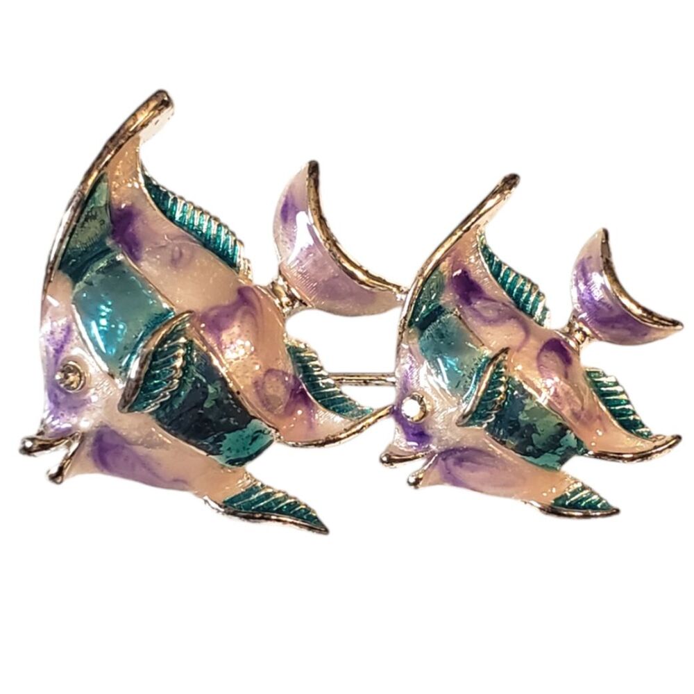 Double Fish Brooch Vintage Silver Tone and Enamel Rhinestone Eyes Teal & Purple